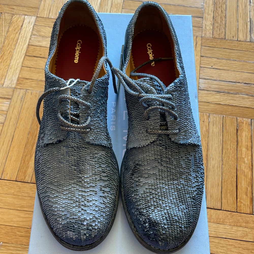 Calpierre Blue-gray soft leather scales effect lace-up shoes EU39 new in box